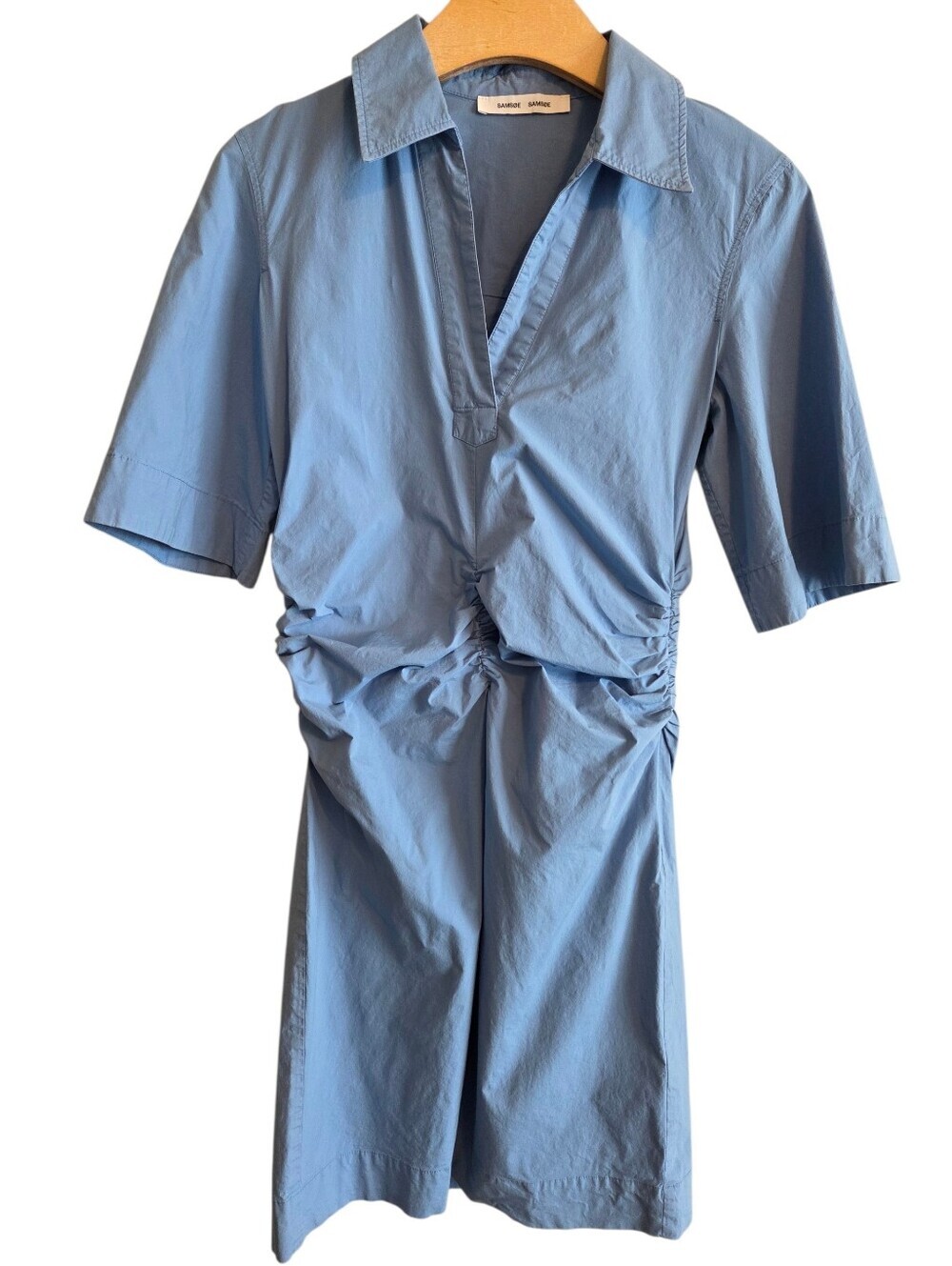Samsoe Samsoe Dema Lichen Blue Collared Short Sleeve Ruched Dress Sz M Casual